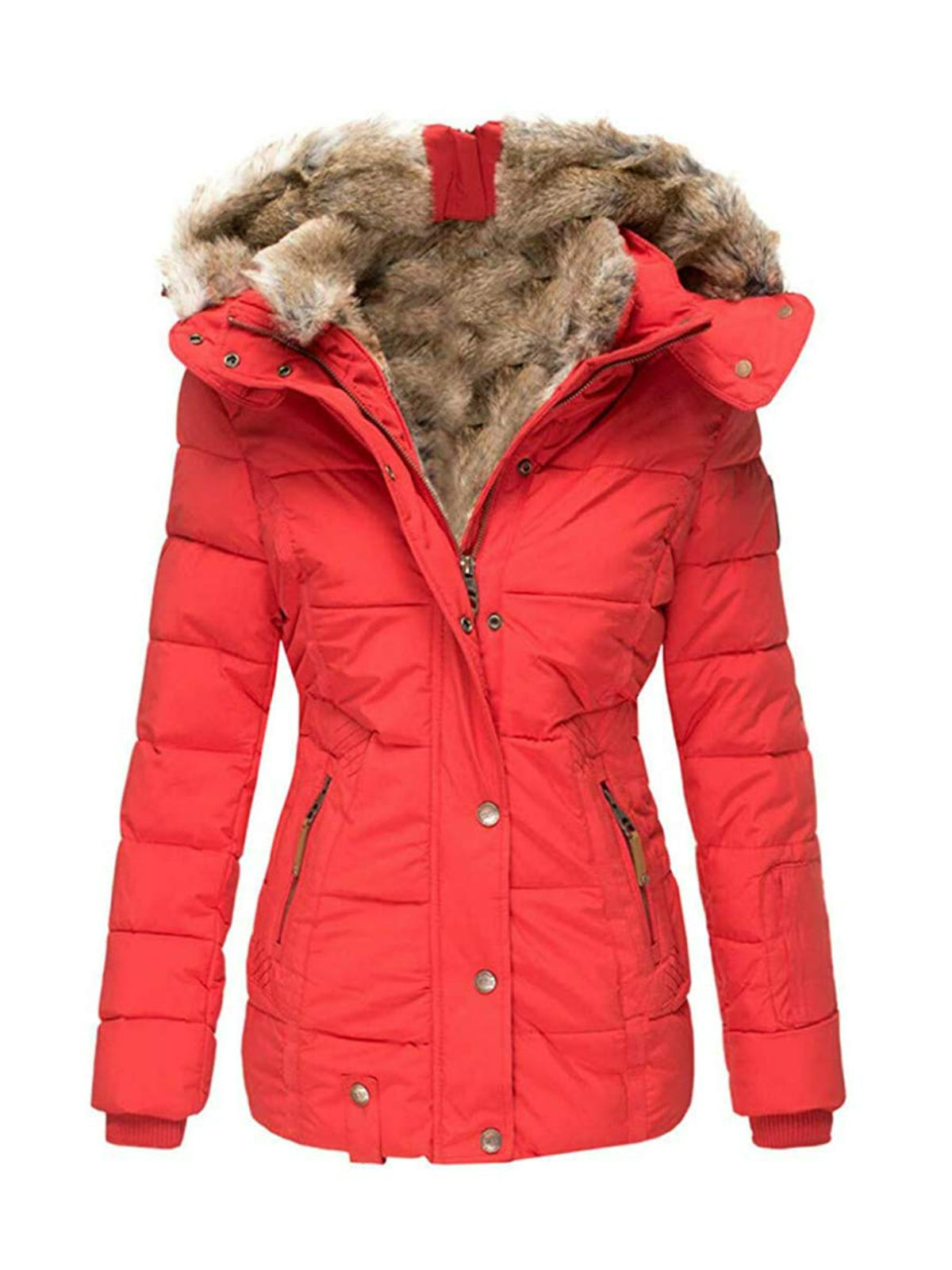 Women's Winter Black Hooded Faux Fur Overcoat Warm Windproof Lined Coa ...
