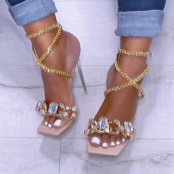 Women Julyshoess Noble Gold Chain Large Crystal High Heel Sandals ...